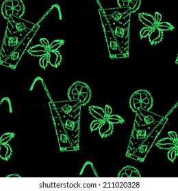 Chalk painted pattern consist of glasses filled mojito with ice, cocktail straw and mint leaves