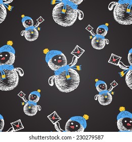Chalk painted seamless pattern of colorful snow-mans with letters. New Year theme. Card design.