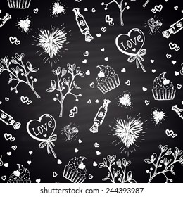 Chalk painted seamless pattern with elements: hearts, candle, candies and plant.
