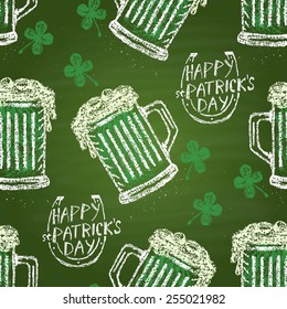 Chalk painted seamless pattern of mug with green ale and clover. St. Patrick's Day theme.