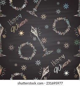 Chalk painted seamless pattern with pastel snowflakes, lights, Christmas wreath. Happy New Year theme. Card design.