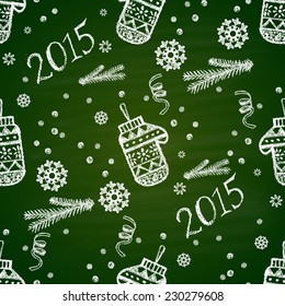Chalk painted seamless pattern with snowflakes, mittens. New Year theme. Card design.
