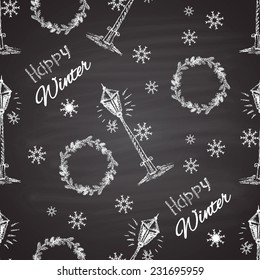 Chalk painted seamless pattern with white snowflakes, lights, Christmas wreath. Happy New Year theme. Card design.