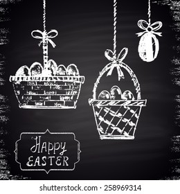 Chalk painted set of baskets with eggs. Happy Easter theme.