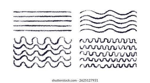 Chalk pasta, crayon wave, curvy horizontal lines. Hand drawing element. Vector texture set. Kitchen decor. Childish pencil worn dividers. Art vintage marine backdrop