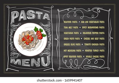 Chalk pasta menu board mock up, copy space for text, hand drawn vector illustration