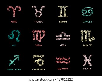 Chalk pastel Zodiac Symbol icons on black background. Vector illustration.