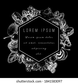 chalk pastry, bakery composition on black chalkboard. label, badge or frame with sweets and desserts on blackboard. Pastry shop, bakery house logo template, banner, signboard for menu, package design