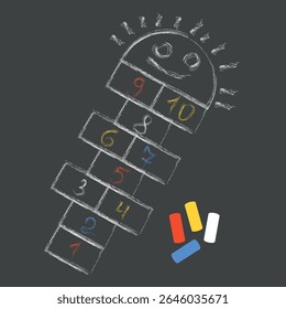 Chalk pattern, hopscotch jumping game outdoors for kids. Hopscotch vector illustration.