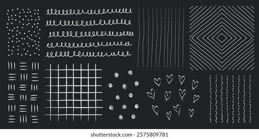 Chalk patterns on blackboard: dots, lines, hearts. Dots and lines create texture. Hearts add charm. Chalk patterns repeat: dots, lines, hearts. Blackboard texture. Doodle patterns, vector set.