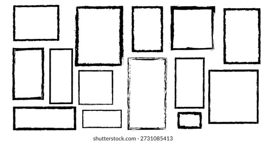 Chalk penci black frames doodle set. Crayon kids white borders in sketch style, rectangular and square shapes, grunge texture. Hand drawn vector illustration isolated on white background