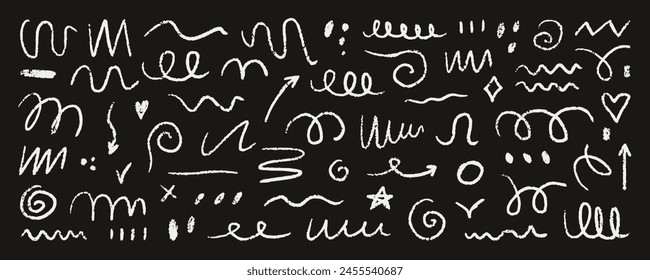 Chalk pencil abstract doodle elements. Scribble curly lines, arrows, swirls and squiggles, shapes in sketch style, Grunge texture. Hand drawn vector illustration isolated on black background