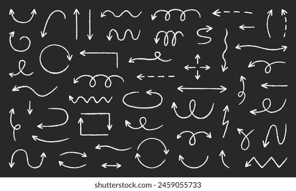 Chalk pencil arrows doodle set. Crayon swirls, direction pointers in sketch style, Grunge texture. Hand drawn vector illustration isolated on black background