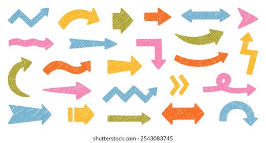 Conjunto de doodle de flechas de lápiz de tiza. Punteros de dirección de garabatos infantiles de carbón en estilo de boceto. Crayón y textura Grunge. Ilustración vectorial dibujada a mano aislada sobre fondo blanco