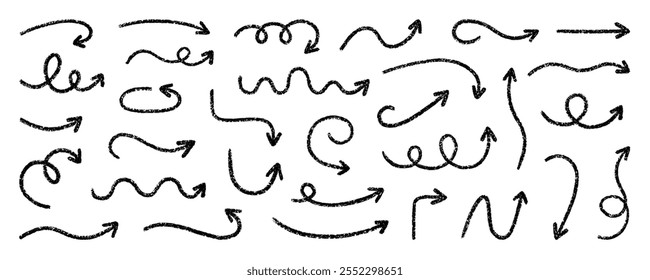 Chalk pencil arrows doodle set. Charcoal childish scribble direction pointers in sketch style. Crayon and Grunge texture. Hand drawn vector illustration isolated on white background