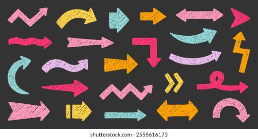Chalk pencil arrows doodle set. Charcoal childish scribble direction pointers in sketch style. Crayon and Grunge texture. Hand drawn vector illustration isolated on black background