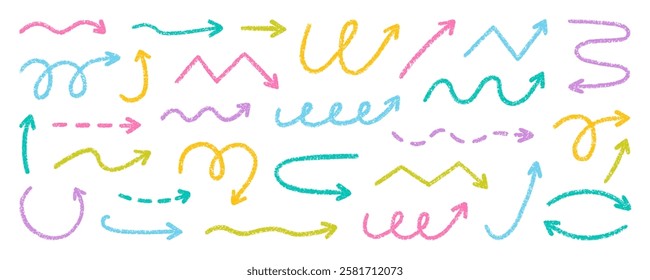 Chalk pencil arrows doodle set. Crayon swirls, direction pointers in sketch style, Grunge texture. Hand drawn vector illustration isolated on white background