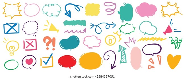 Chalk pencil arrows doodle set. Crayon swirls, direction pointers in sketch style, Grunge texture. Hand drawn vector illustration isolated on black background