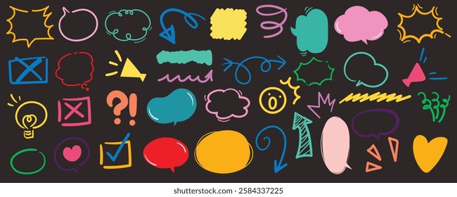 Chalk pencil arrows doodle set. Crayon swirls, direction pointers in sketch style, Grunge texture. Hand drawn vector illustration isolated on black background