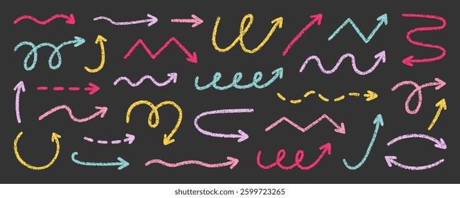 Chalk pencil arrows doodle set. Crayon swirls, direction pointers in sketch style, Grunge texture. Hand drawn vector illustration isolated on black background