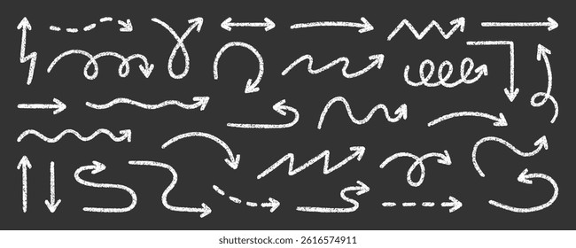Chalk pencil arrows doodle set. Crayon swirls, direction pointers in sketch style, Grunge texture. Hand drawn vector illustration isolated on black background