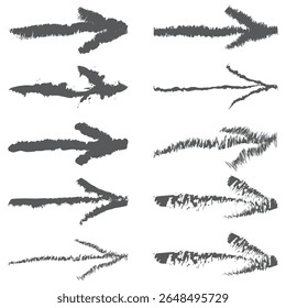 Chalk pencil arrows. Grunge texture chalk pointers, hand drawn abstract shapes. Rough charcoal arrows flat vector illustration set