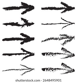 Chalk pencil arrows. Grunge texture chalk pointers, hand drawn abstract shapes. Rough charcoal arrows flat vector illustration set