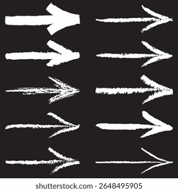Chalk pencil arrows. Grunge texture chalk pointers, hand drawn abstract shapes. Rough charcoal arrows flat vector illustration set