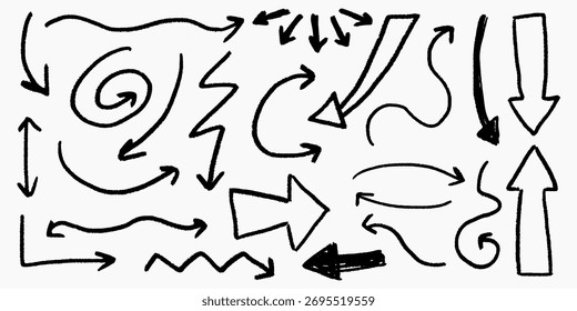 Setas de lápis de giz ajustadas. Crayon sublinhados e redemoinhos, ponteiros de direção doodle no estilo de esboço, textura grunge, rabiscar.
