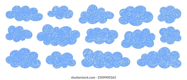 Chalk pencil clouds doodle set. Childish crayon sky, Pastel kids sketch. Grunge texture. Hand drawn vector illustration isolated on white background