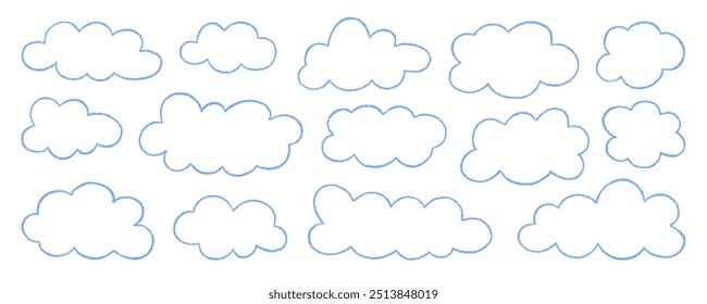 Chalk pencil clouds doodle set. Childish crayon sky, Pastel kids sketch. Grunge texture. Hand drawn vector illustration isolated on white background