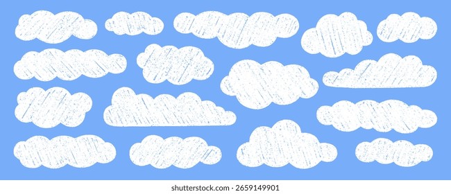 Conjunto de rabiscos de nuvens de lápis de giz. Céu de creiom infantil, crianças pastel esboço. Textura grunge. Ilustração de vetor desenhada à mão