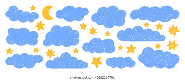 Chalk pencil clouds doodle set. Childish crayon sky, stars and moon. Pastel kids sketch. Grunge texture. Hand drawn vector illustration isolated on white background