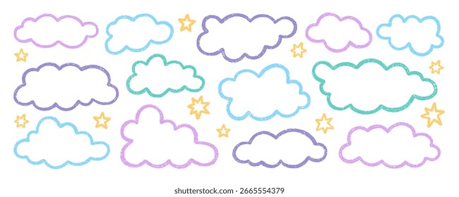 Kreide Bleistift Wolken Doodle-Set. Kinderstifte Himmel, Sterne und Mond. Pastellskizze für Kinder. Grunge-Textur. Handgezeichnete Vektorgrafik einzeln auf weißem Hintergrund