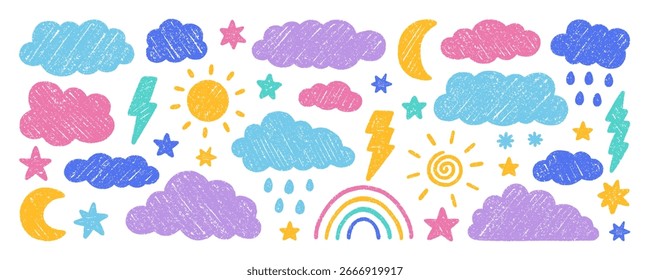 Conjunto de doodle de nubes de lápiz de tiza. Lápiz infantil, cielo, estrellas, rayos, lluvia, sol y luna. Bosquejo de niños pastel. Textura grunge. Ilustración vectorial dibujada a mano aislada sobre fondo blanco
