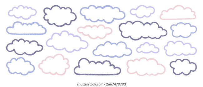 Conjunto de rabiscos de nuvens de lápis de giz. Céu de creiom infantil, crianças pastel esboço. Textura grunge. Ilustração de vetor desenhada à mão isolada no plano de fundo branco