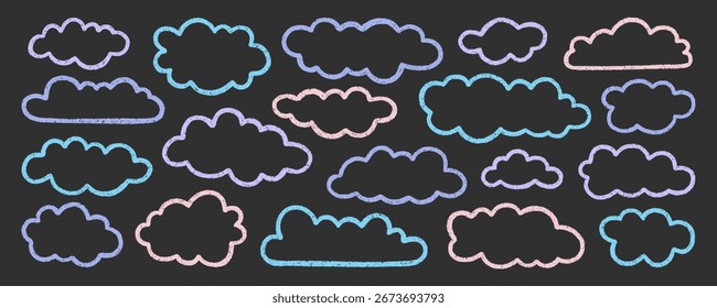 Conjunto de rabiscos de nuvens de lápis de giz. Céu de creiom infantil, crianças pastel esboço. Textura grunge. Ilustração de vetor desenhada à mão isolada no plano de fundo preto