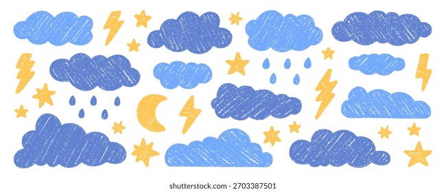 Chalk pencil clouds doodle set. Childish crayon sky, stars, lightning, rain and moon. Pastel kids sketch. Grunge texture. Hand drawn vector illustration isolated on white background