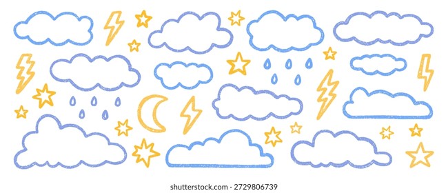 Kreide Bleistift Wolken Doodle-Set. Kinderstifte Himmel, Sterne, Blitz, Regen und Mond. Pastellskizze für Kinder. Grunge-Textur. Handgezeichnete Vektorgrafik einzeln auf weißem Hintergrund