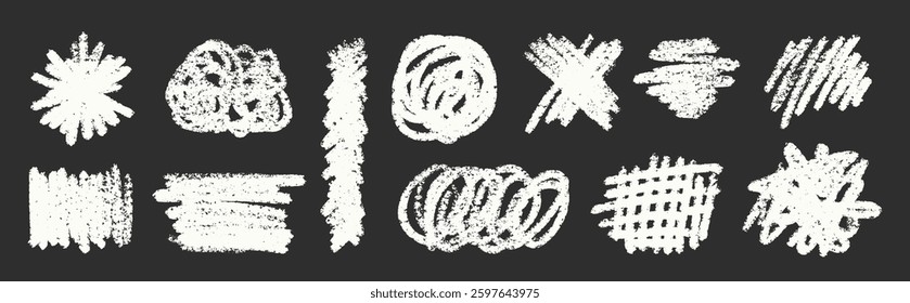 Chalk Pencil Color Squiggles Vector Set. Crayon Scribble Underline Shapes Collection. Colorful Hand Drawn Brush Texture Highlight Squiggle. Pencil Emphasis Elements Charcoal Blackboard Doodle Bundle