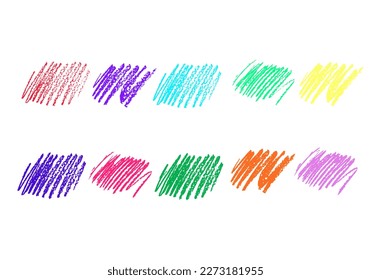 Chalk and pencil colorful strokes isolated on white background. Crayon or pastel streak and stain  for banner, border, text box, backdrop or other design. Vector illustration. Set.