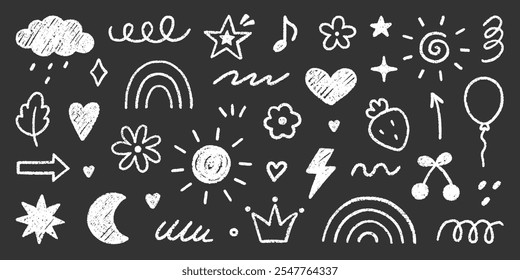 Chalk pencil cute kid doodle set. Childish scribble crayon rainbow, stars, flower, heart, crown in sketch style. Grunge texture. Hand drawn vector illustration isolated on black background