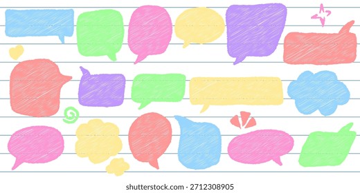 Conjunto de burbujas de discurso de doodle de lápiz de tiza, marcos de conversación cómicos dibujados a mano, Ilustración vectorial de estilo de boceto sobre fondo de cuaderno alineado con textura grunge para diseños creativos juguetones