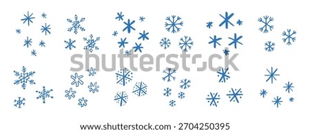 chalk pencil drawing blue snowflakes set. Snowflake doodle hand drawn cute style elements. Winter or Christmas concept. Vector illustration