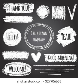 Chalk or pencil drawn graphic elements collection - strokes, stripes, frames, rectangle, oval and round shapes, heart, tick. Chalk forms on black board with lettering - thank you, hello, welcome etc. 