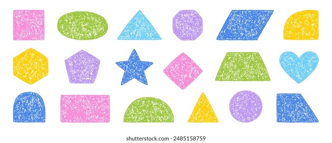 Chalk pencil figure doodle set. Crayon square, circle, rectangle, triangular in sketch style, Pastel kids geometric shapes. Grunge texture. Hand drawn vector illustration isolated on white background