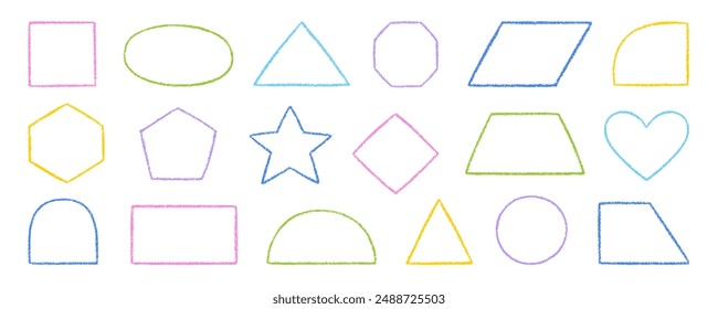 Chalk pencil figure doodle set. Crayon square, circle, rectangle, triangular in sketch style, Pastel kids geometric shapes. Grunge texture. Hand drawn vector illustration isolated on white background