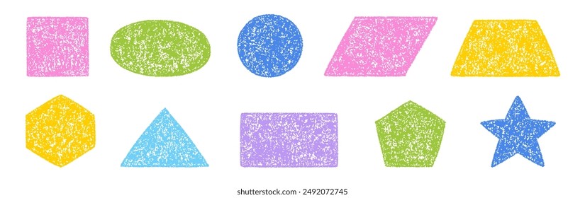 Kreide Bleistift Figur Doodle Set. Quadrat, Kreis, Rechteck, Dreieck im Skizzenstil, Pastellfarbene Kinder geometrische Formen. Grunge-Textur. Handgezeichnete Vektorillustration isoliert auf weißem Hintergrund