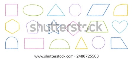 Chalk pencil figure doodle set. Crayon square, circle, rectangle, triangular in sketch style, Pastel kids geometric shapes. Grunge texture. Hand drawn vector illustration isolated on white background