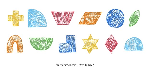 Chalk pencil figures. Set of hand drawn crayon abstract geometric shapes in sketch style. Pastel grunge texture. Colored pencil vector illustration isolated on white background